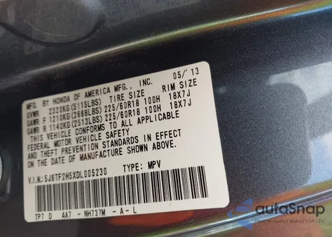 2013 Honda Crosstour Ex-L V6 from USA, damaged, VIN 5J6TF2H5XDL005230